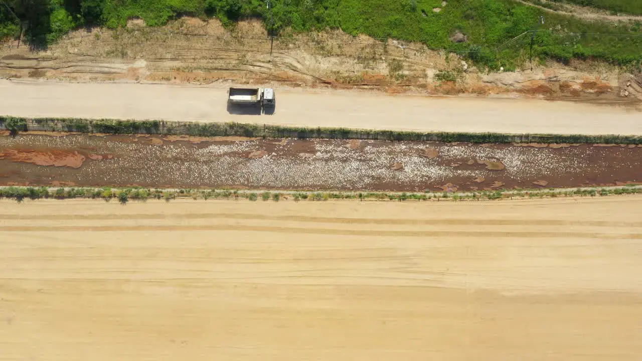 Tod down view of semi truck driving on sand