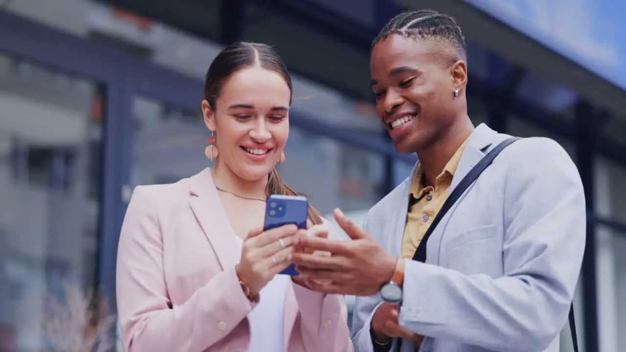 Business people friends and laughing with phone