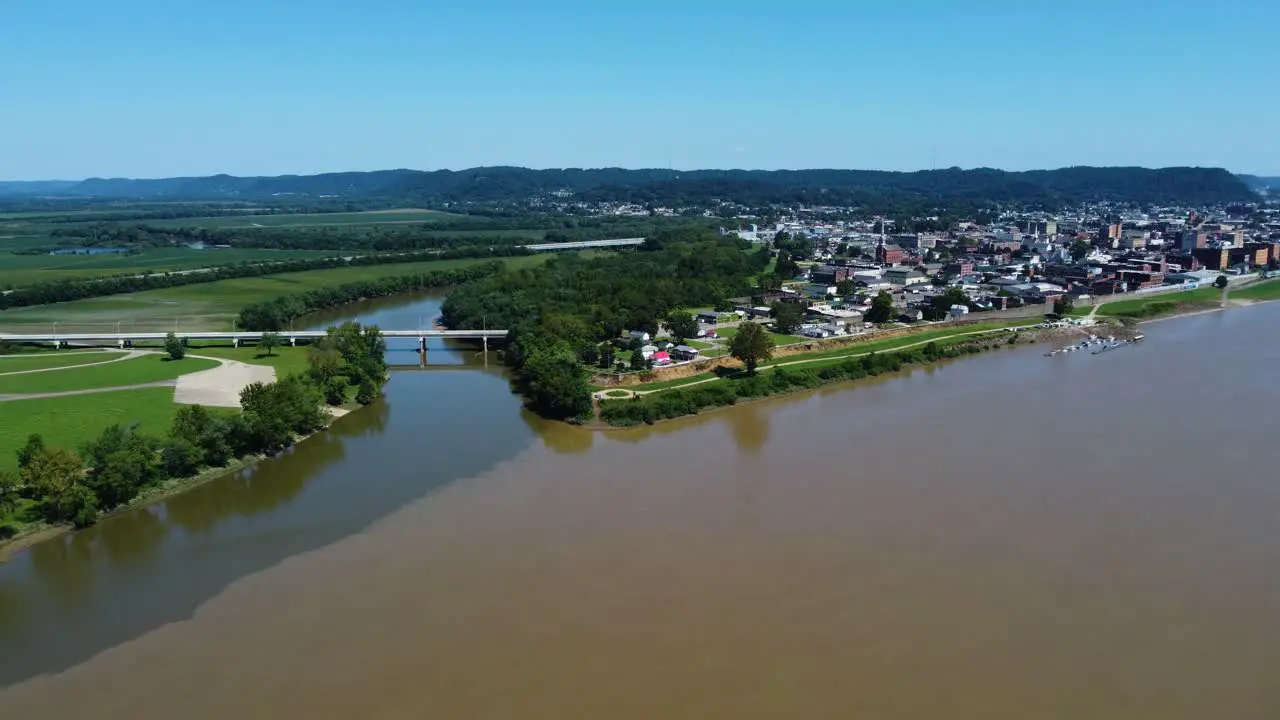 The confluence of the Scioto River and Ohio River at Portsmouth Ohio aerial drone