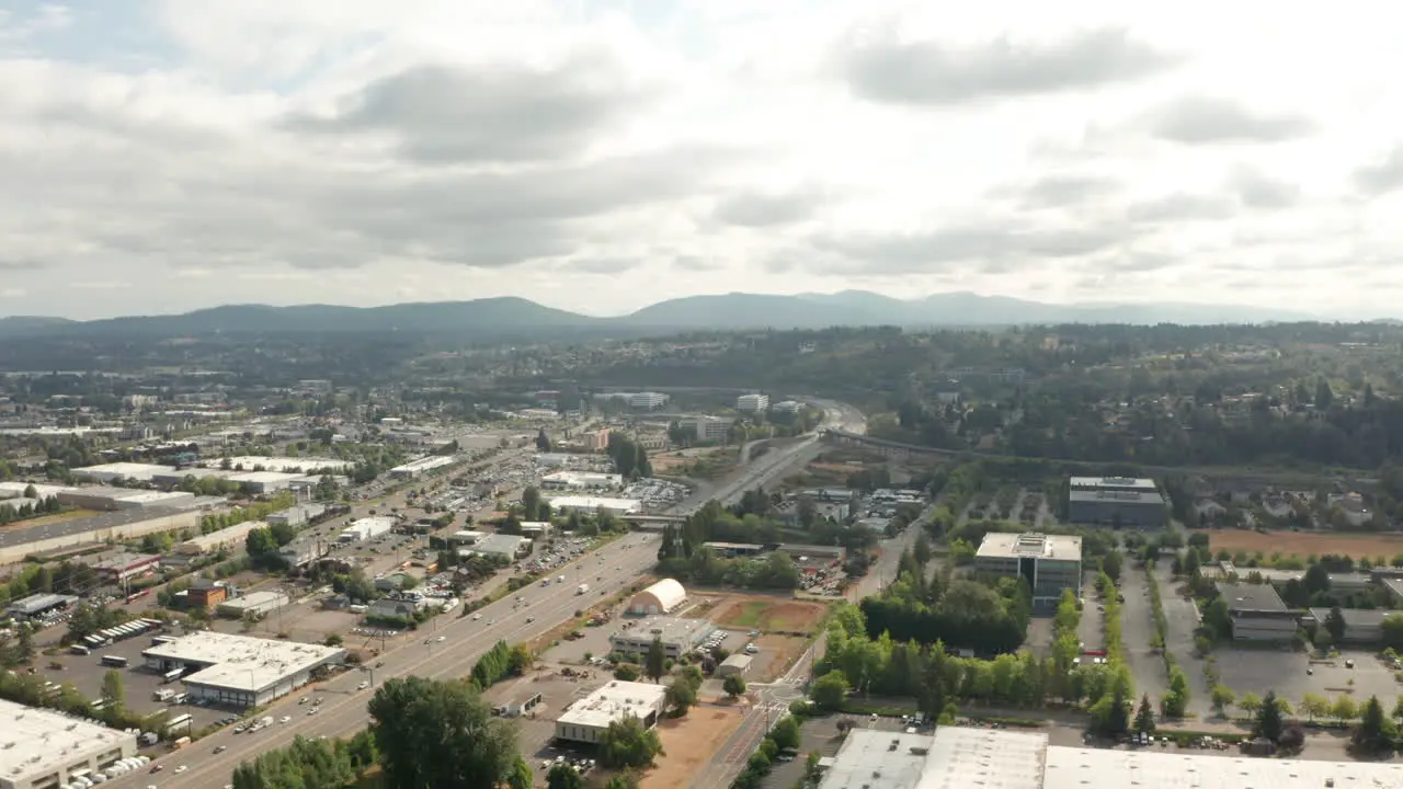 Aerial shot over suburban Seattle and freeway