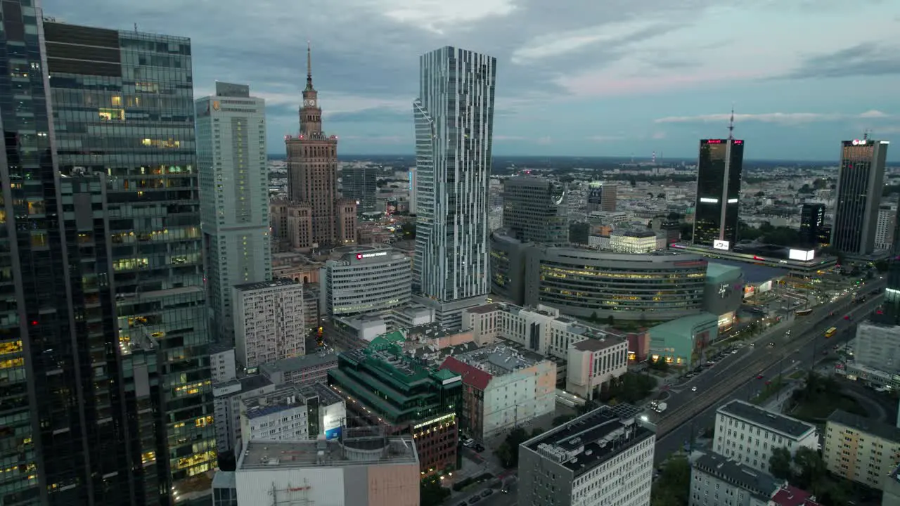 Aerial view of the financial centre of Śródmieście at night with emblematic skyscrapers in Poland