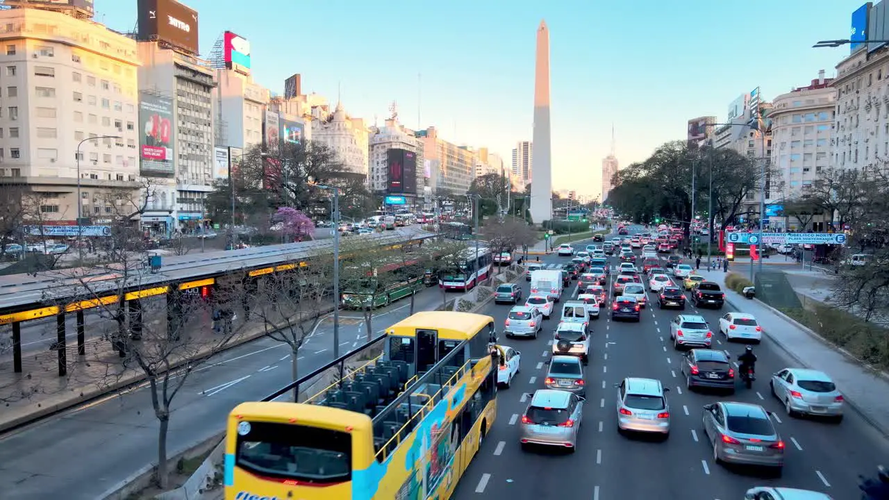 Traffic moving along downtown Buenos Aires July 9 Avenue Static Aerial