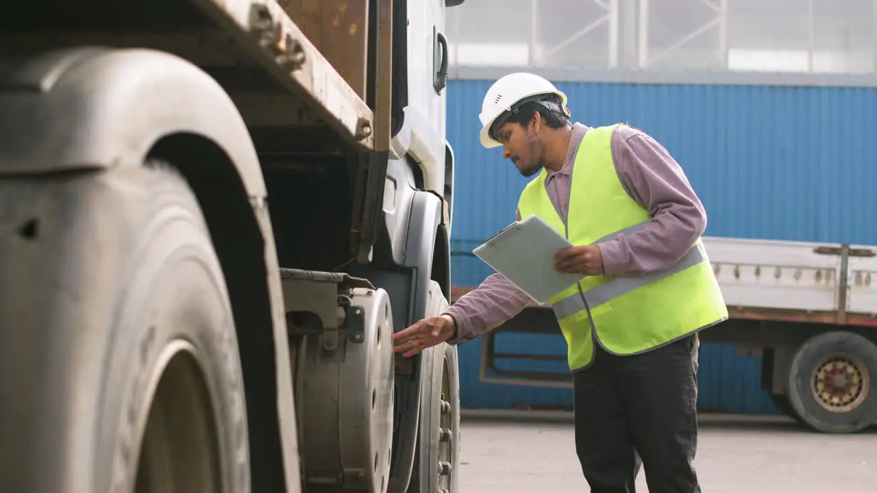 Side View Of Worker Wearing Vest And Safety Helmet Organizing A Truck Fleet In A Logistics Park While Reading A Document