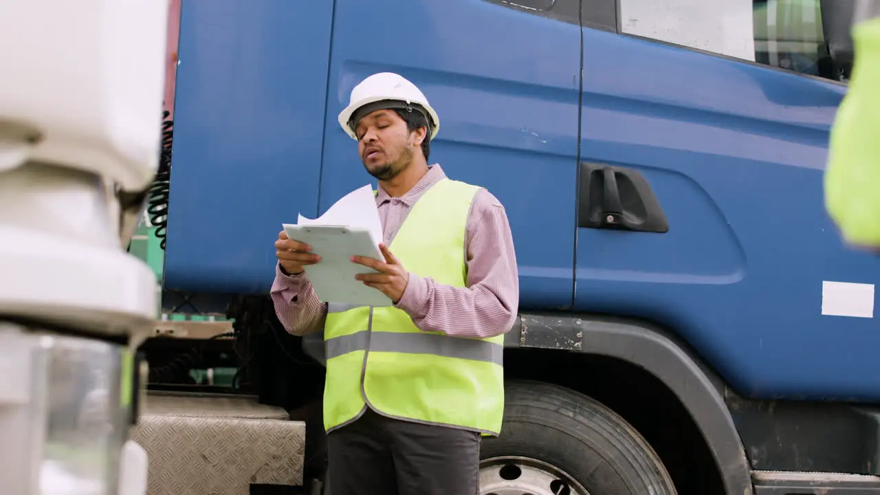 Worker Wearing Vest And Safety Helmet Organizing A Truck Fleet In A Logistics Park While Reading A Document