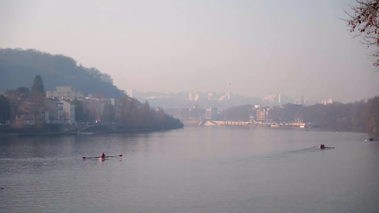 Rowing activity on the river "la Saône" in Lyon France