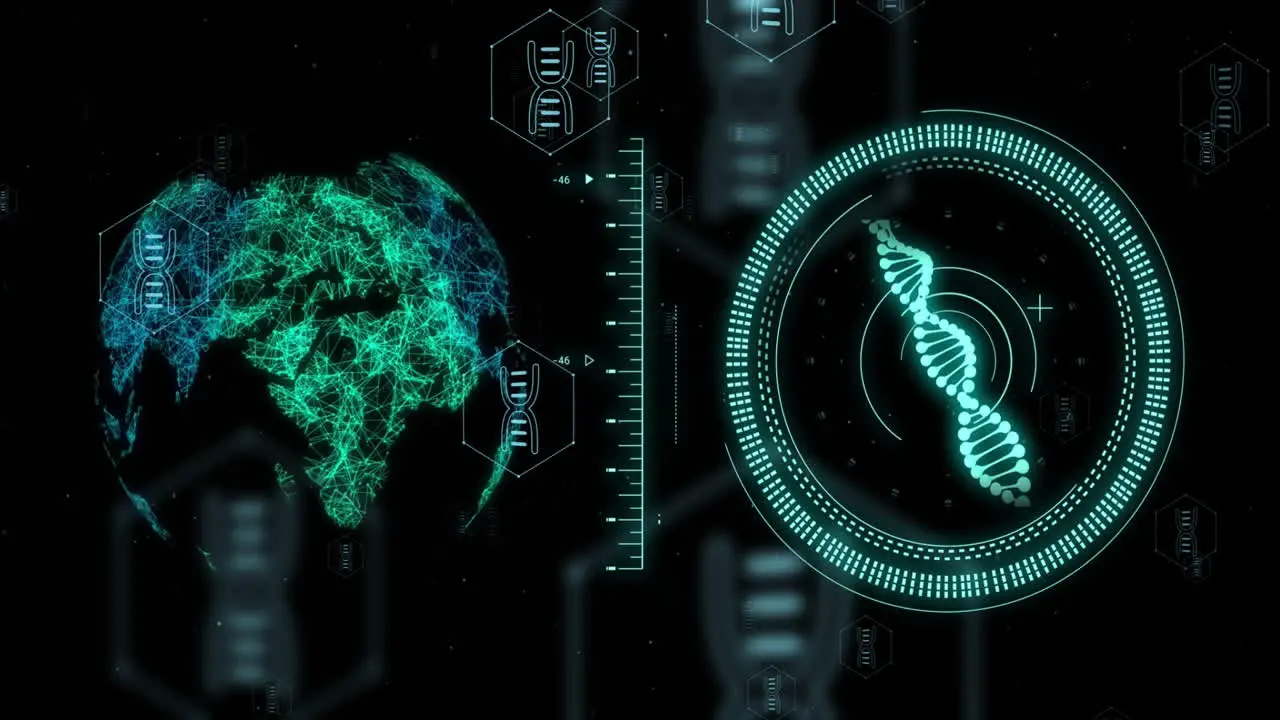 Animation of dna strand globe and digital data processing over black background