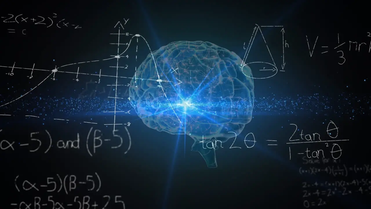 Animation of mathematical equations and data processing over human brain