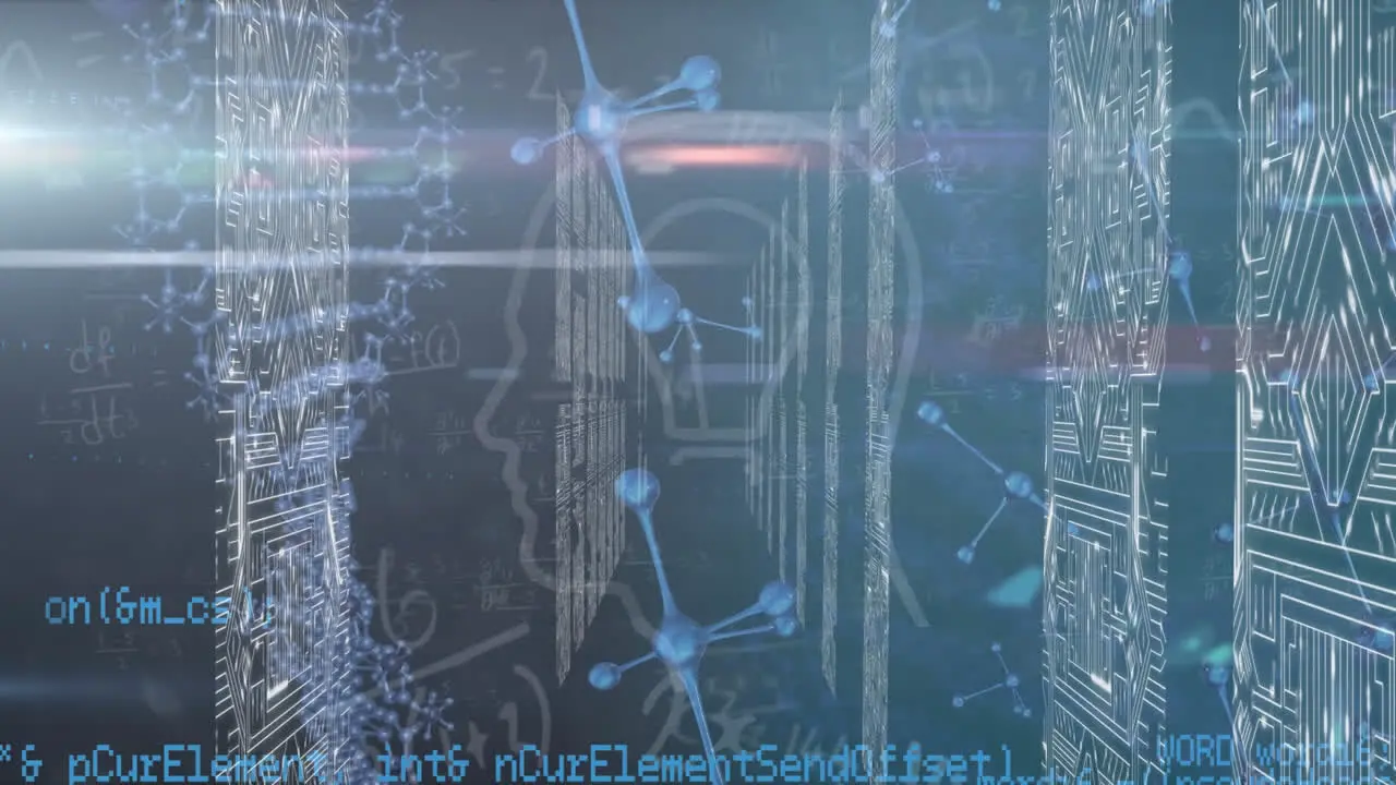 Animation of molecular and dna structure spinning over screens with microprocessor connections