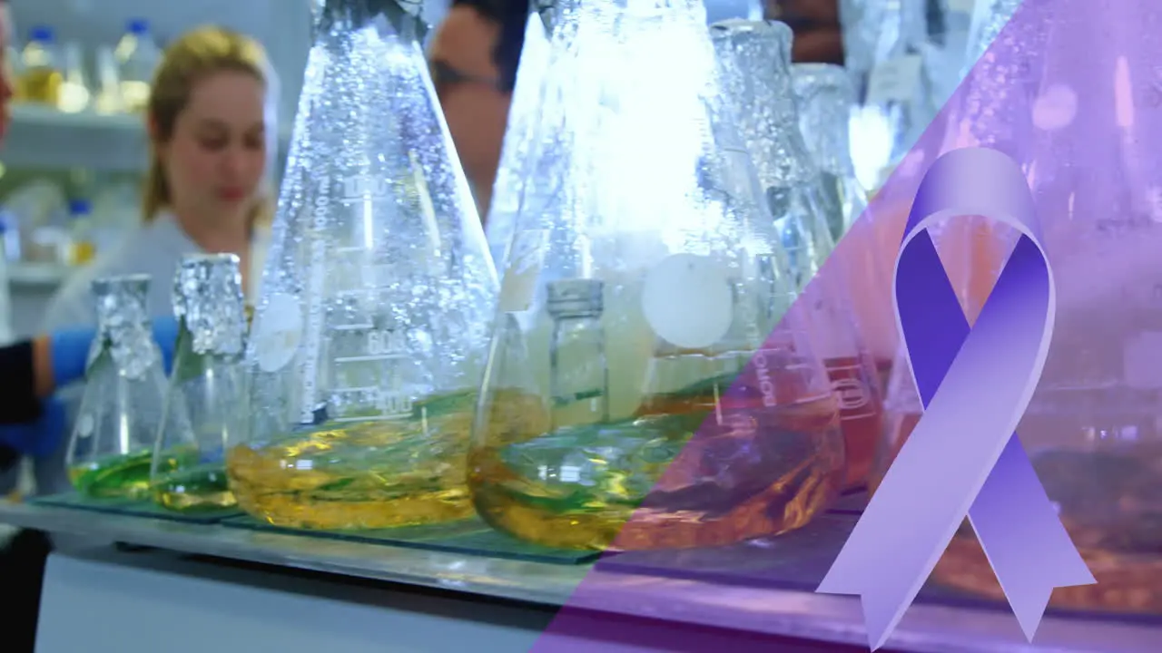 Animation of purple ribbon against chemicals in flasks spinning on magnetic stirrer at laboratory