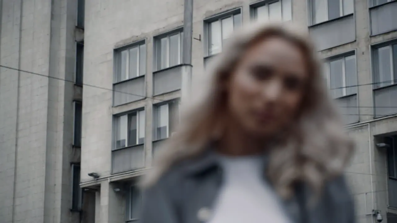 Blonde woman smiling city landscape near buildings in blurred background