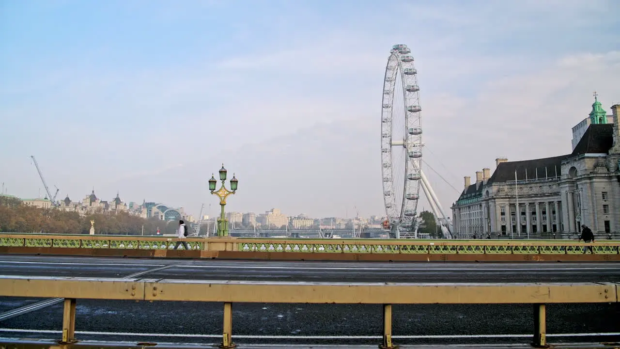 Quiet and empty roads at rush hour in London in Coronavirus Covid-19 lockdown with deserted streets at Westminster Bridge and London Eye no traffic or cars and people walking at rush hour