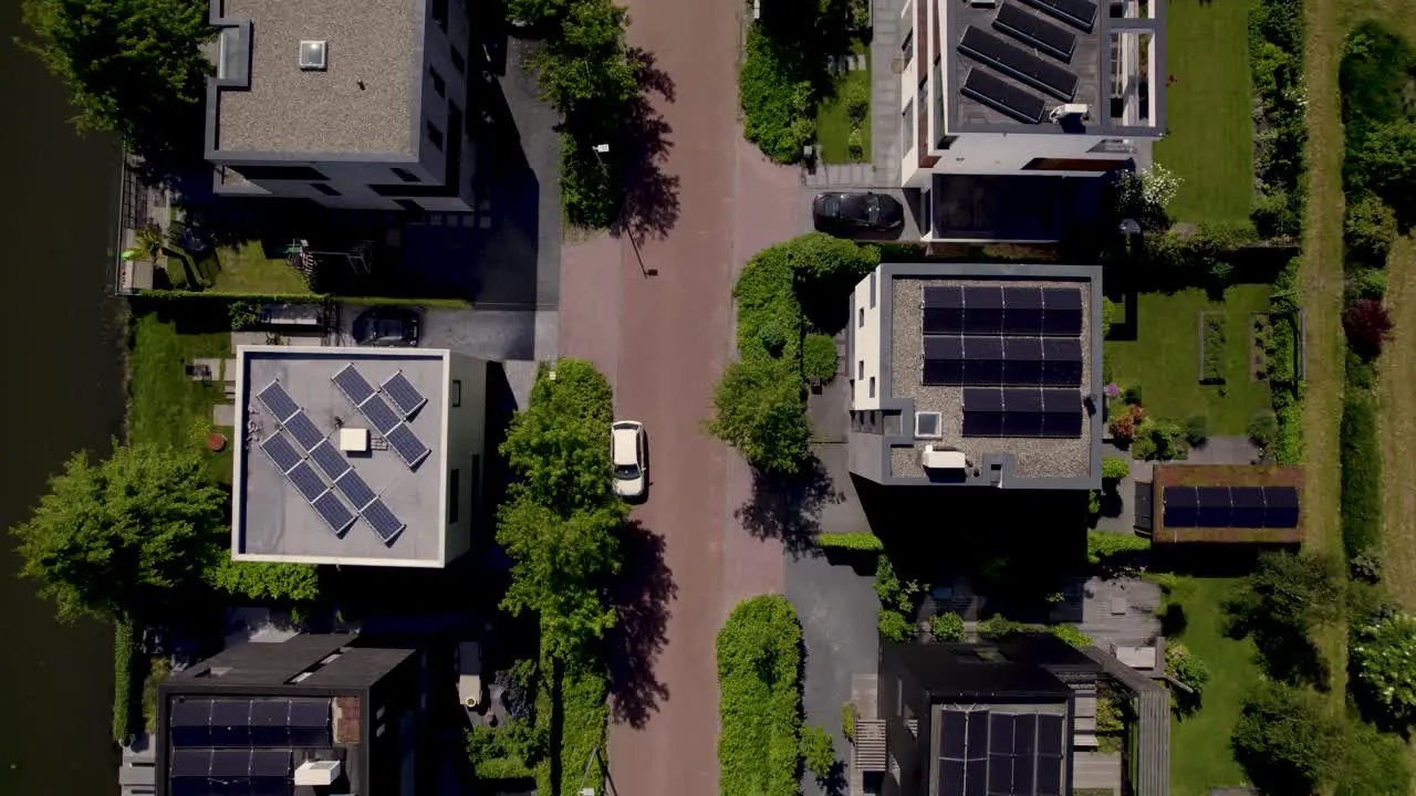 Top down aerial square solar panel rooftops street plan view of Leidsche Rijn residential infrastructure in Dutch town Utrecht