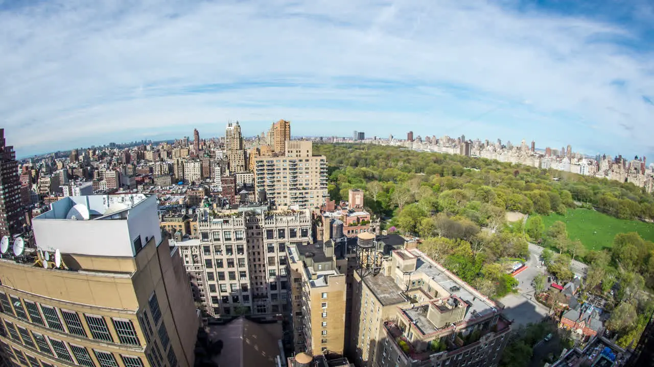 View from high above Upper West Side in Manhattan of Central Park and a beautiful day