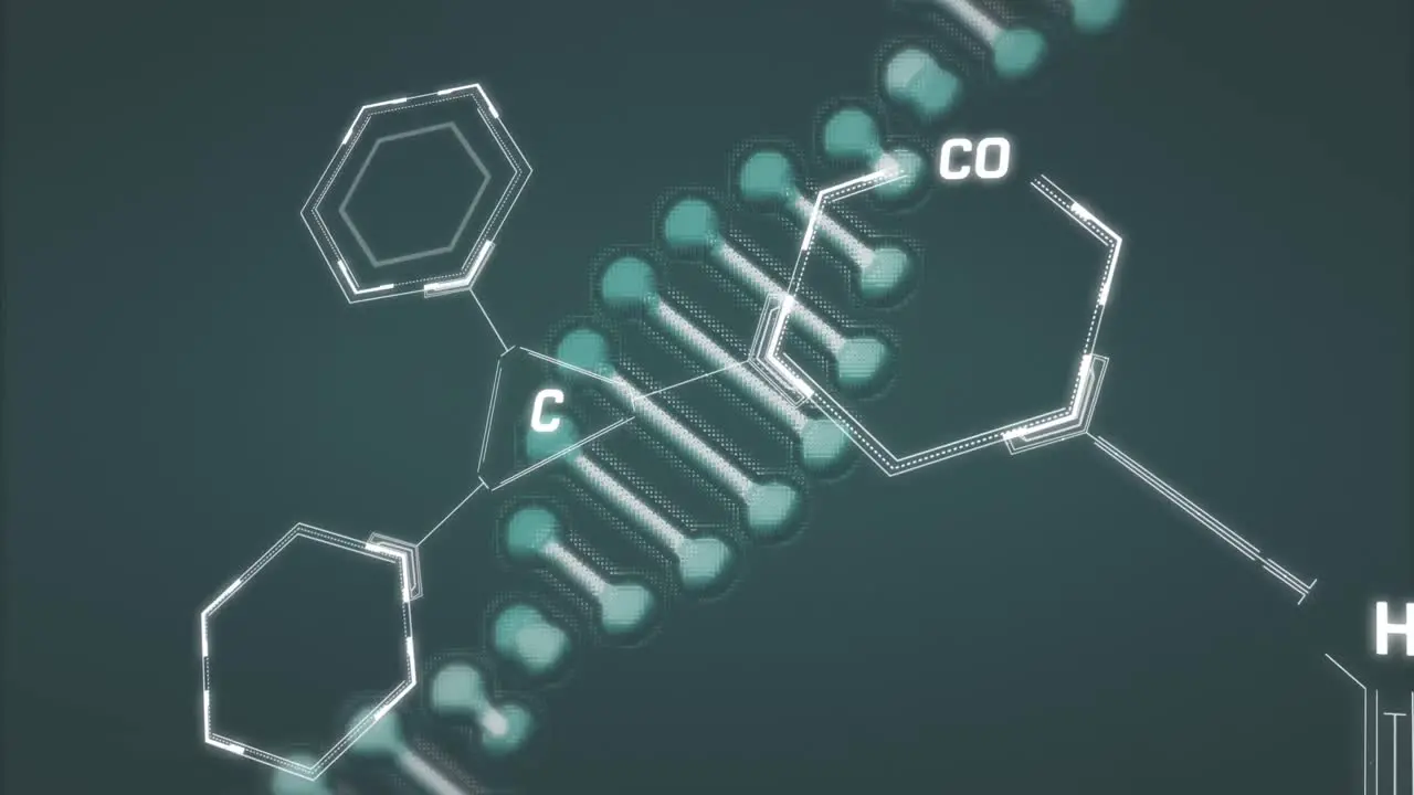 Animation of dna strand spinning over chemical structures