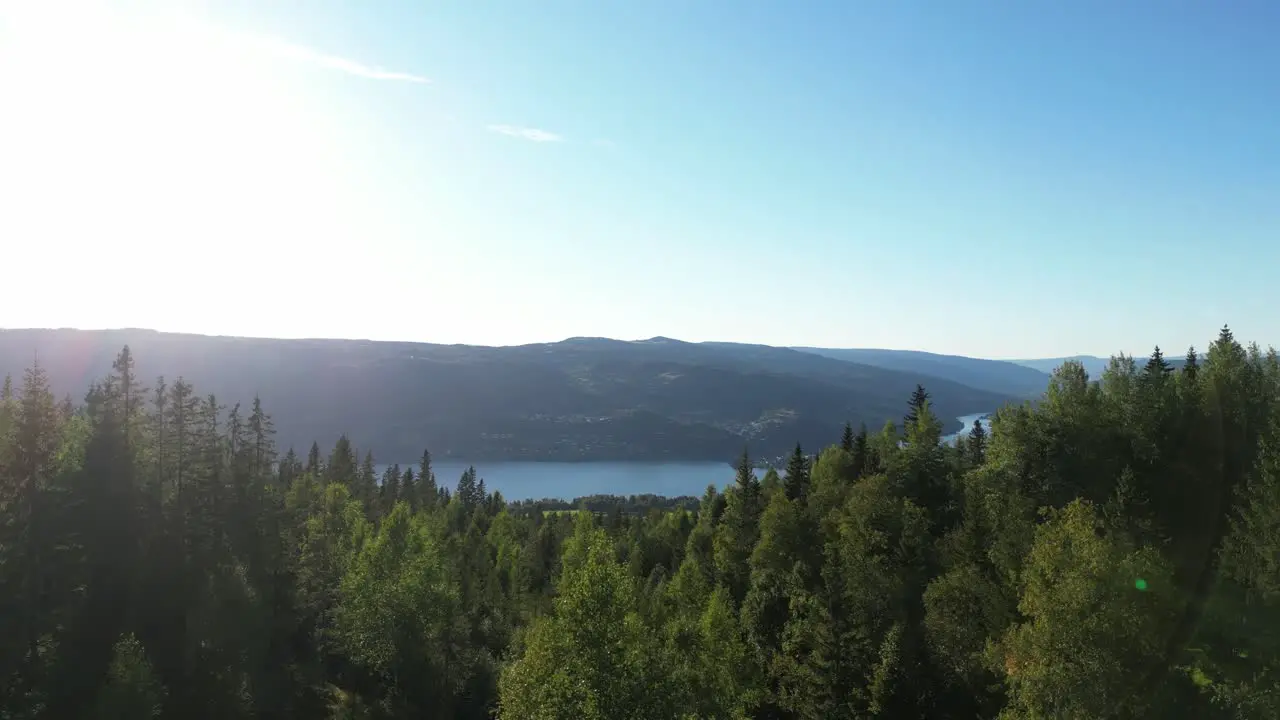 Drone flying close over the forest towards a big slow moving river