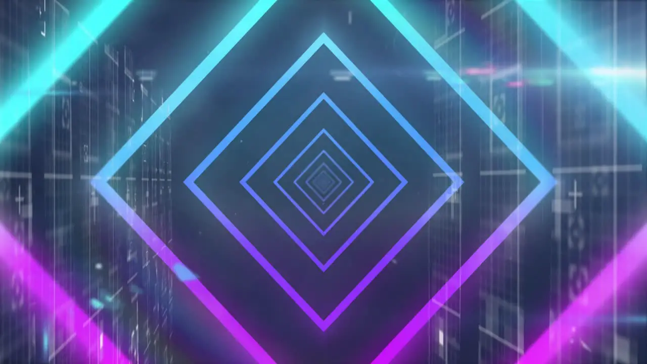 Animation of neon geometrical shapes over data processing