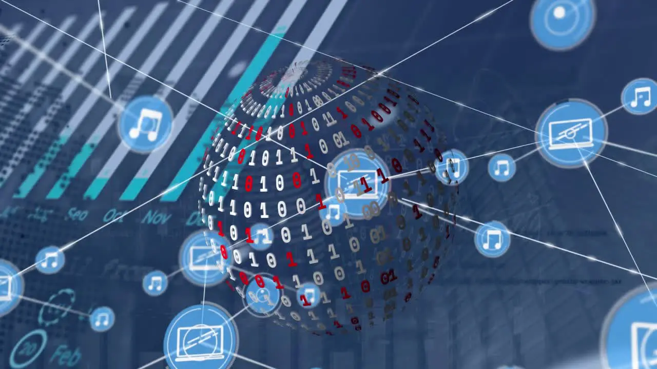 Animation of connected icons over binary codes forming globes against graph on abstract background