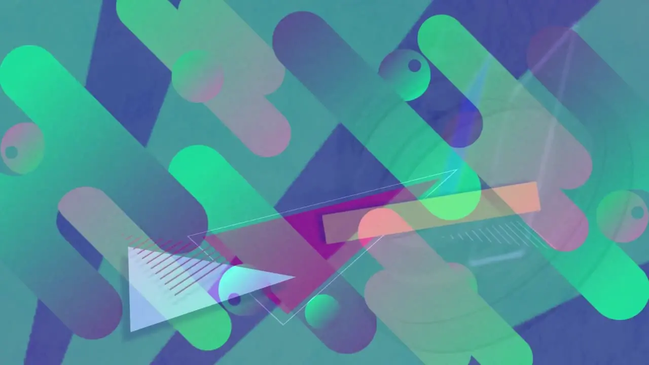 Digital animation of colorful abstract shapes moving against blue background