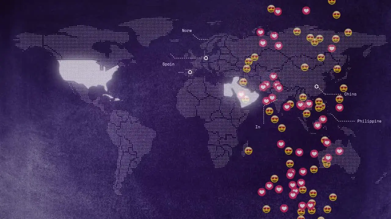 Animation of heart and emoticons over multiple texts and map against abstract background