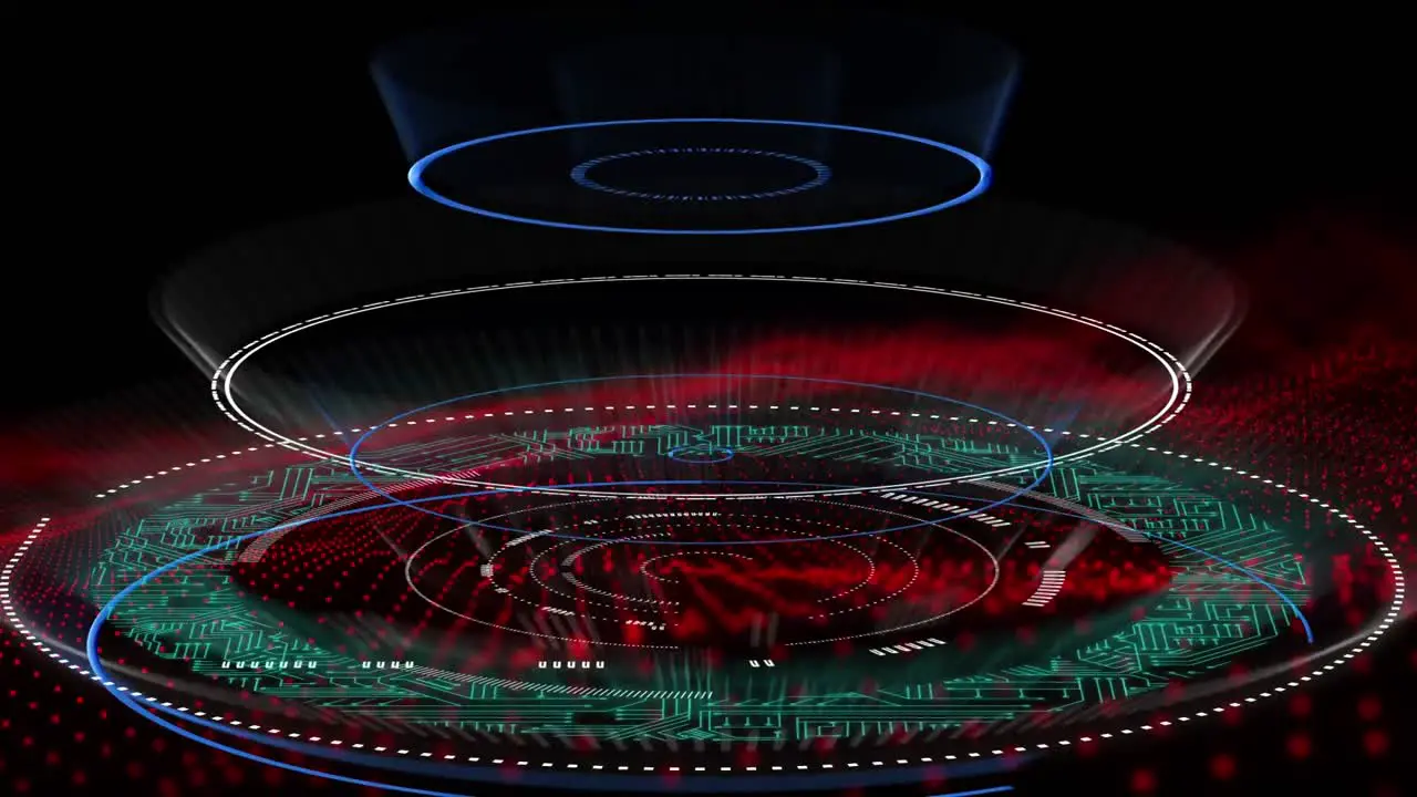 Digital animation of multiple round scanners over red digital wave against black background