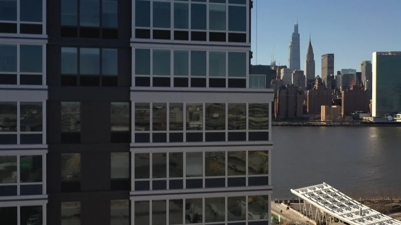 An aerial view from over Queens NY on a sunny day with blue skies