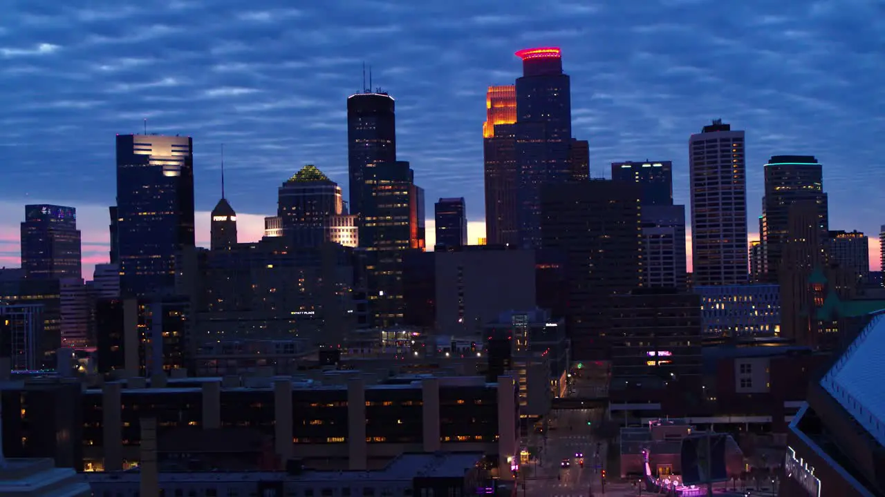 Aerial skyscrapers of downtown Minneapolis skyline in the evening overcast day