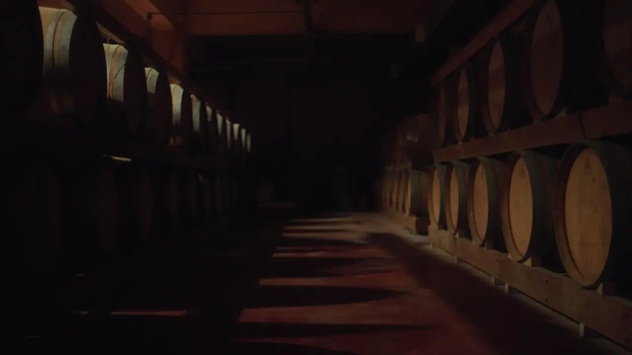 Wide shot of barrels in distillery