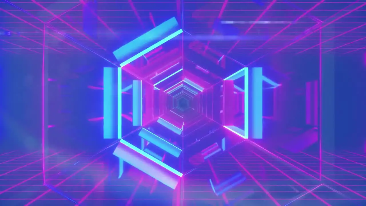 Animation of neon pink hexagonal tunnel in seamless pattern against blue background