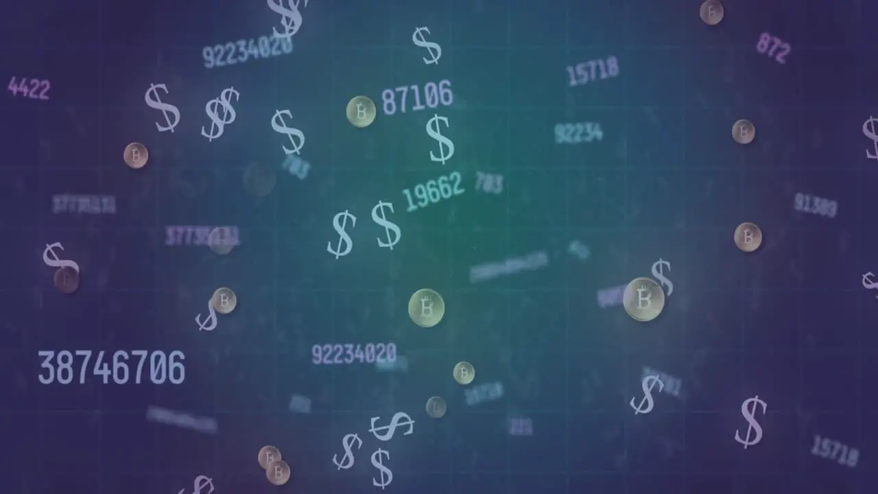 Animation of changing numbers over dollar symbols and bitcoins against abstract background