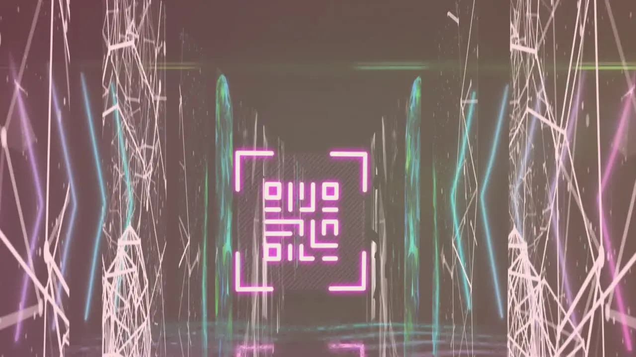 Animation of qr code over connected dots and globes against abstract background