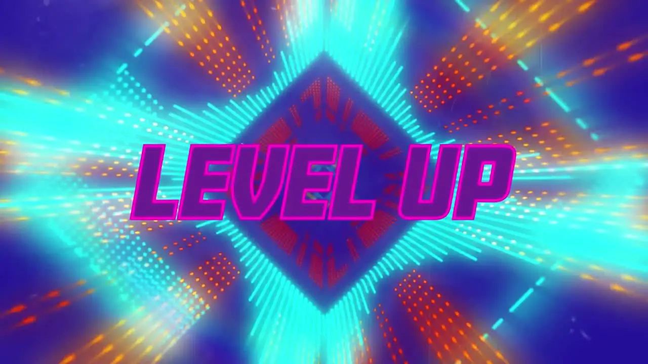 Animation of level up text over lines forming rhombuses tunnel against abstract background