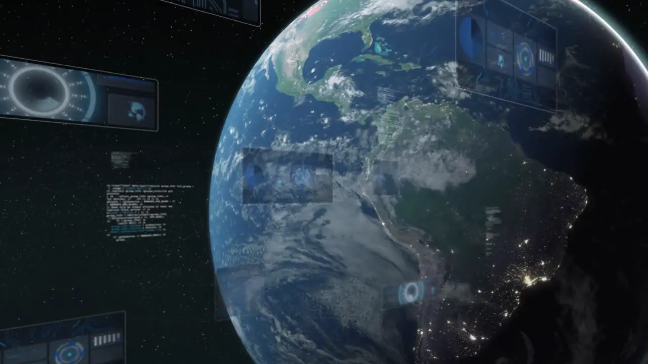 Animation of radars graphs and computer language over globe against abstract background