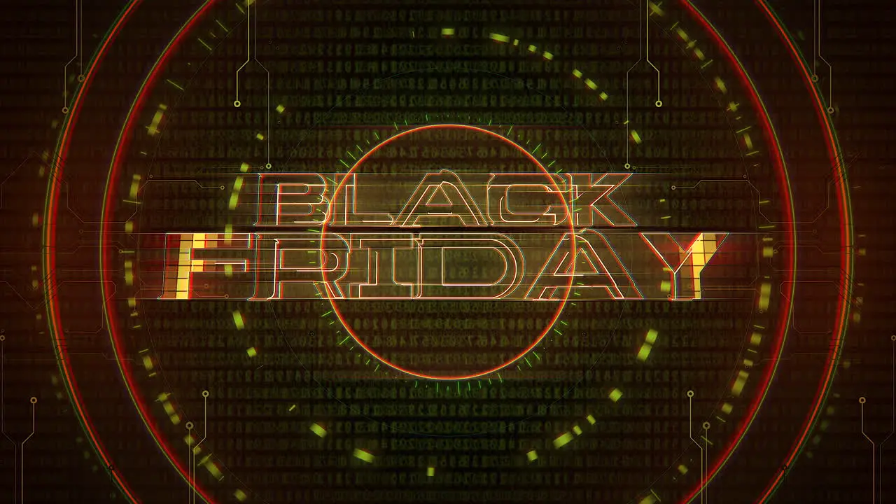 Animation text Black Friday and cyberpunk animation background with computer matrix numbers and circles