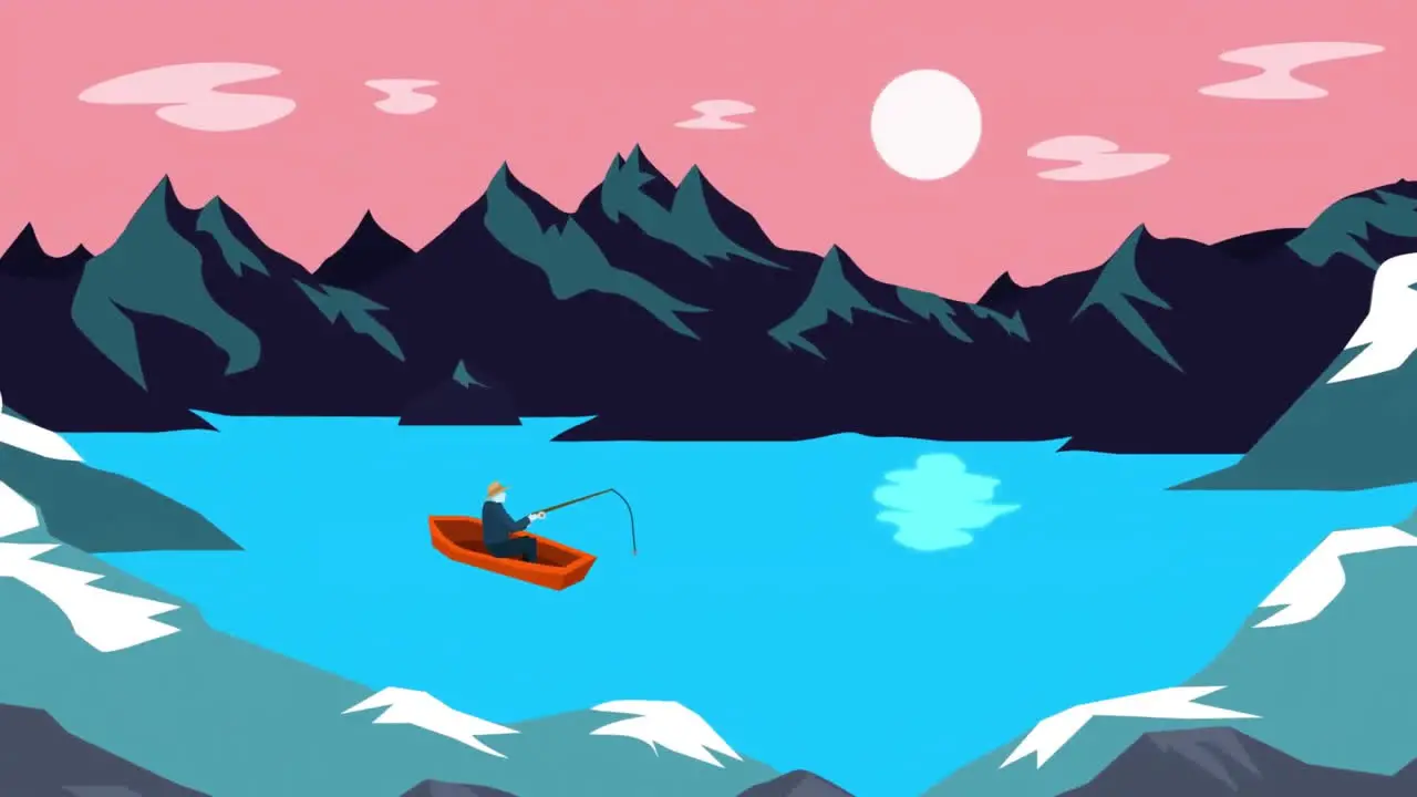 Animation of man fishing on boat over mountains