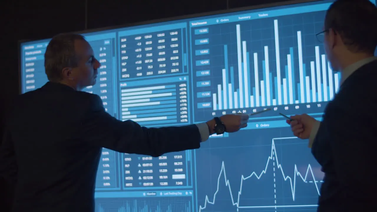 Financial Data Analysts Analyzing Charts On Big Screen