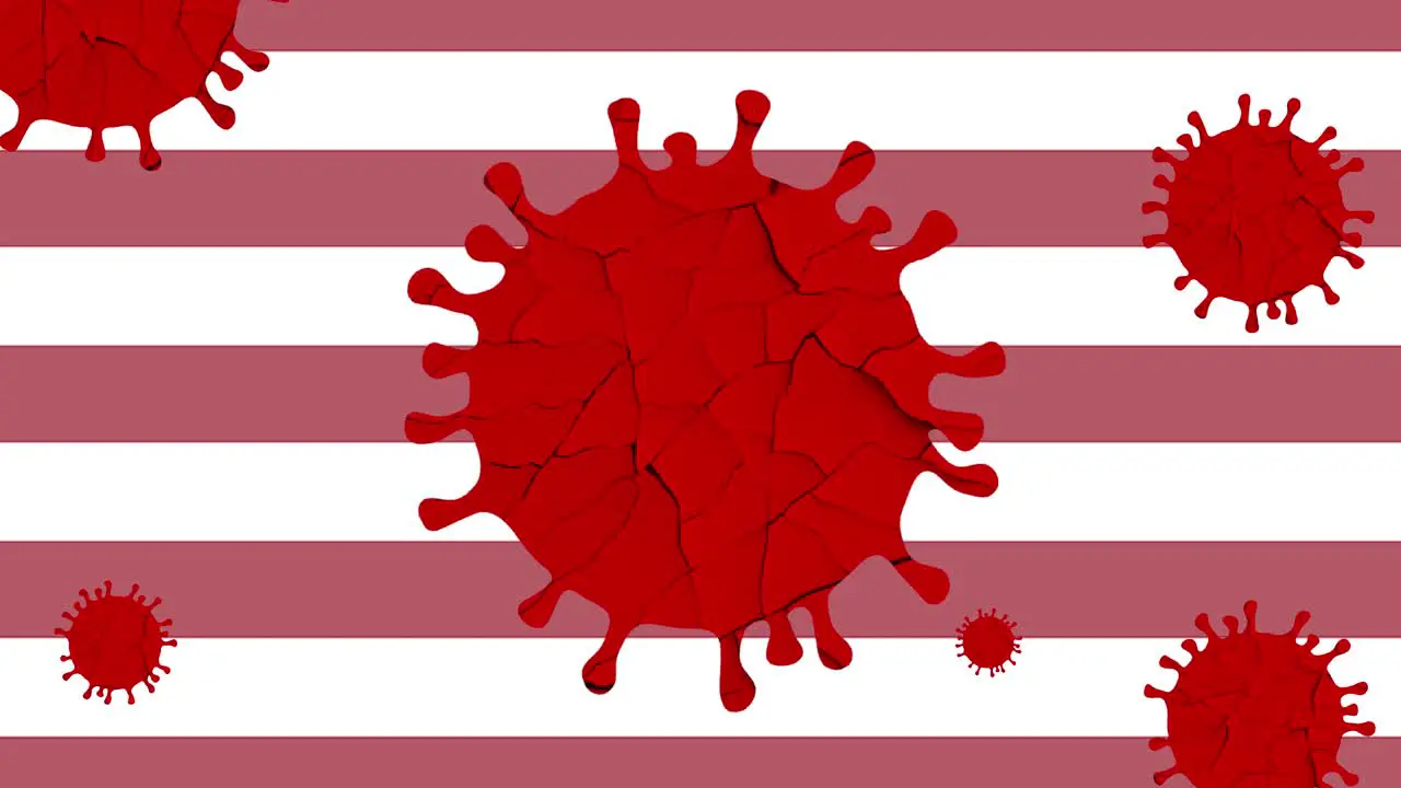 Corona virus cell spinning with American flag strips in background