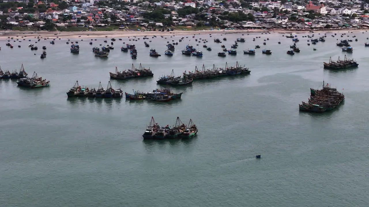 Fishing Trawler Boats Anchored at Southeast Asian Coastal Waters Aerial