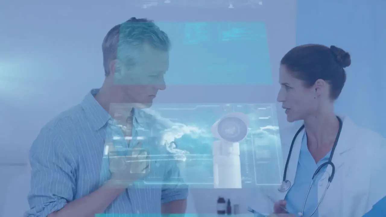 Animation of digital screens over caucasian female doctor talking with patient