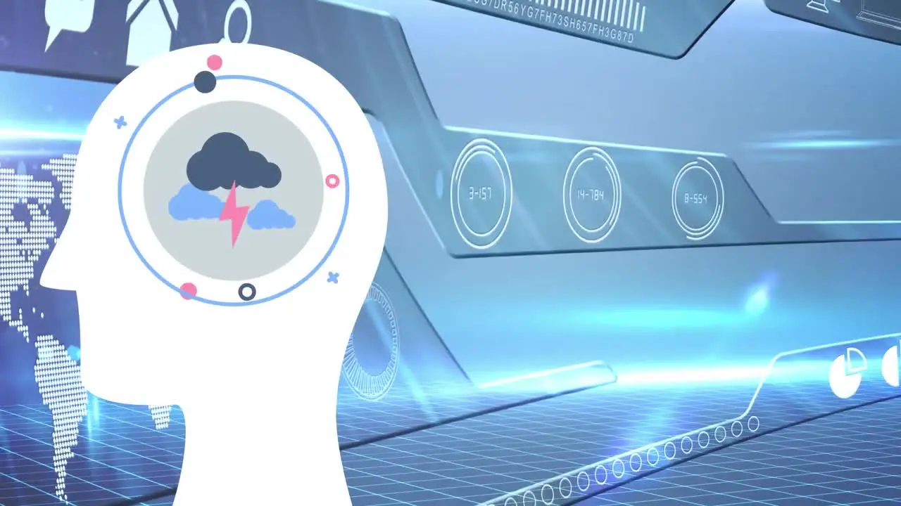 Animation of human head with clouds and digital screens on blue background