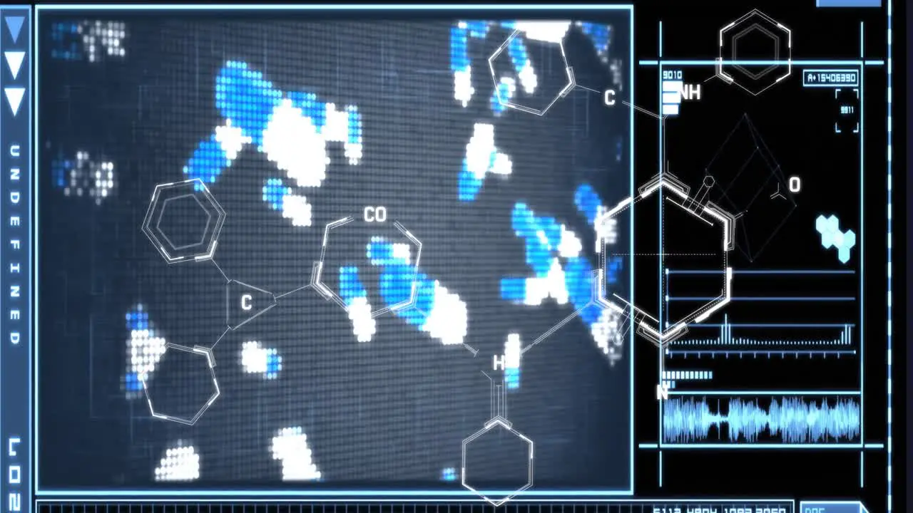 Animation of chemical formulas over digital screen with bacteria and data