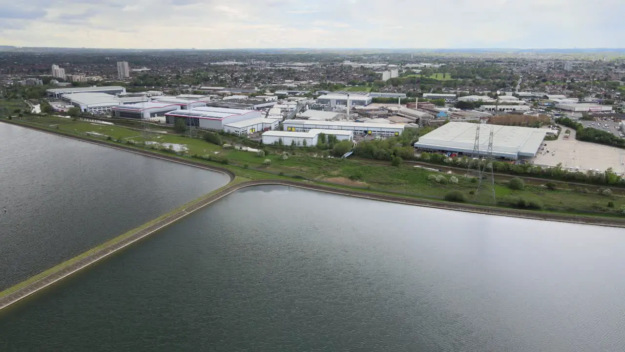 Brimsdown Enfield industrial estate Lea Valley and King George's Reservoir UK Aerial footage