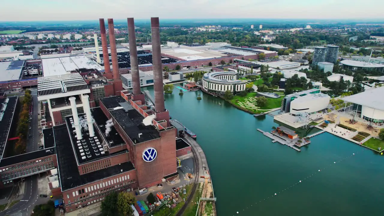 Aerial drone View Over Volkswagen Factory In Wolfsburg Chimney Towers