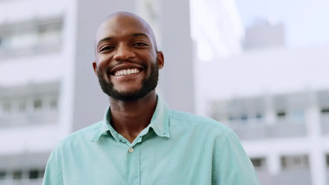 City smile and face of black man for business