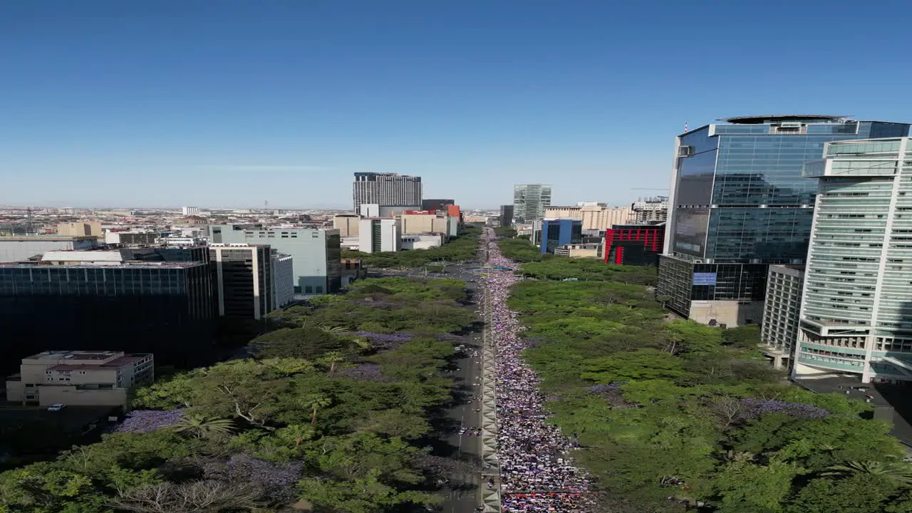 Aerial view of International Women's Day in Mexico on Paseo de la Reforma Mexico City