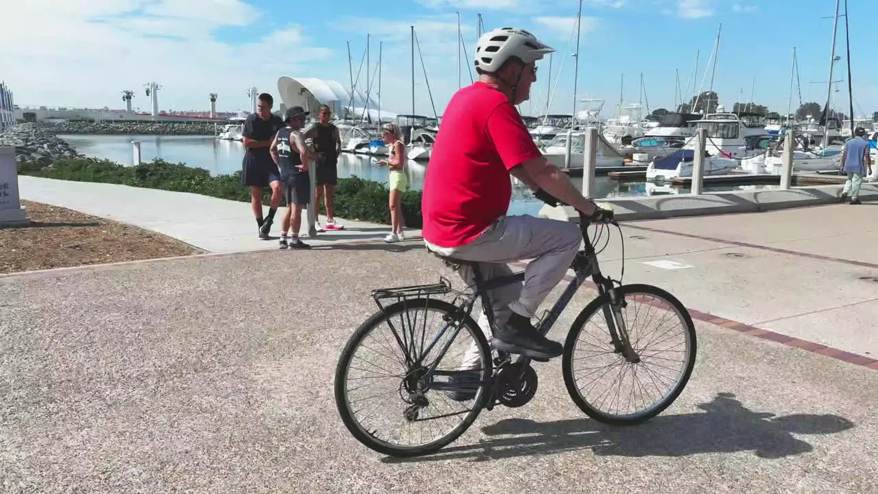 Embarcadero Marina Park South Port of San Diego California with people walking cyclists passing and enjoying their time out