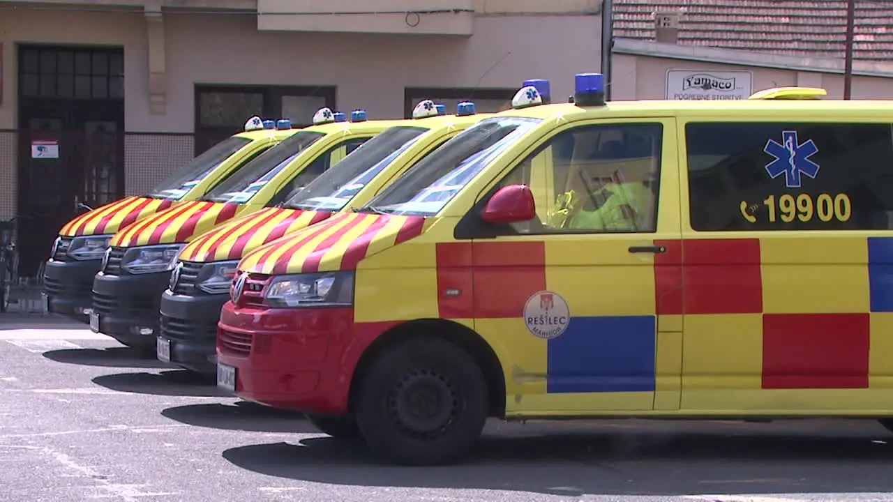 Ambulance cars parked in row waiting for coronavirus patients