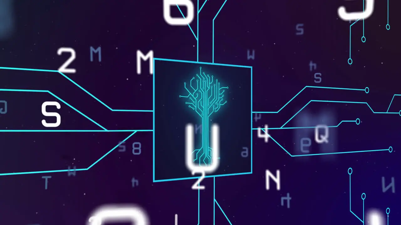 Animation of integrated circuit over numbers and letters on digital screen