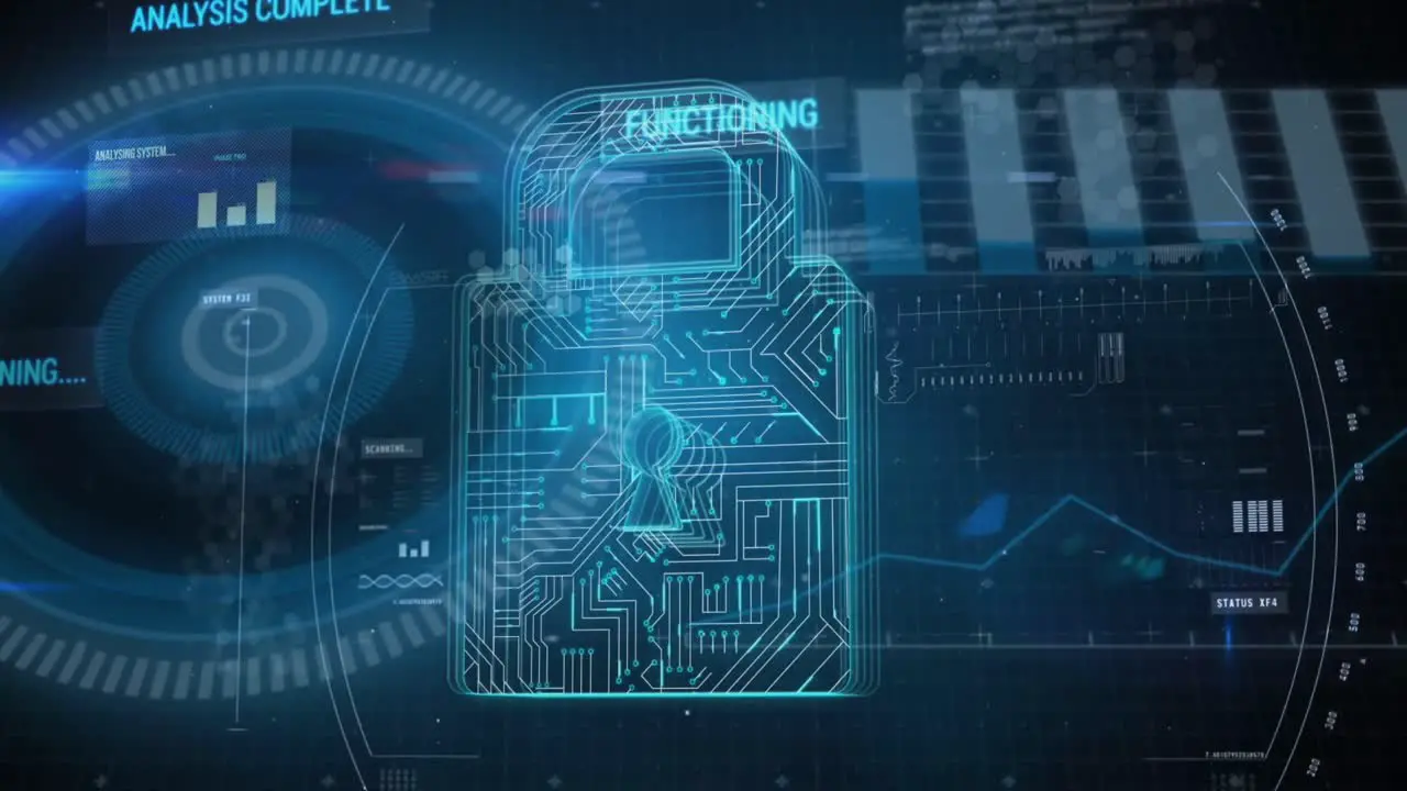 Animation of digital screen with data and digital padlock