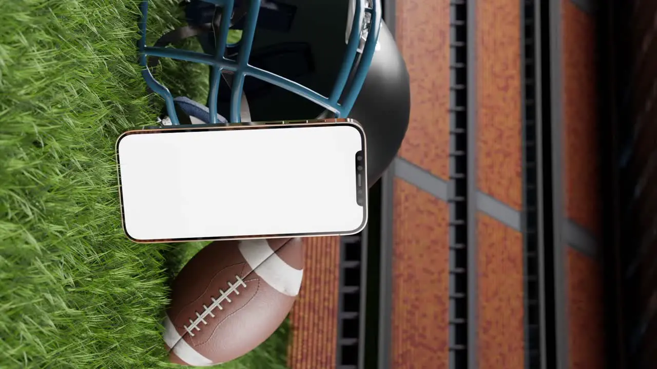 Smartphone blank screen mockup in american football helmet and ball 3d vertical render