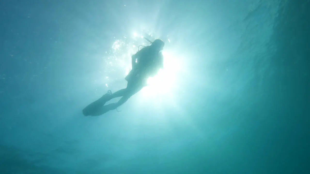 Cinematic underwater shot of a scuba diver in clear waters with the sun in the background 4K 120FPS Slomo